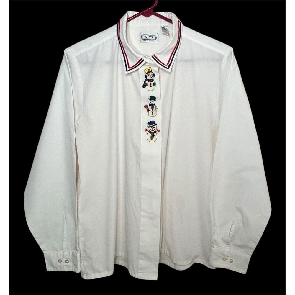 Vintage Witt Shirt Collection Size Small White Button Blouse Snowmen Embroidery